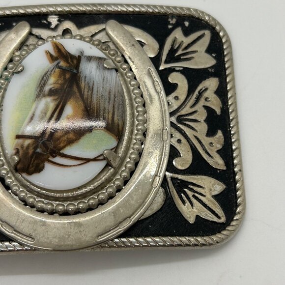 Vintage Western Style Belt Buckle Porcelain Horse Head Silver-tone - Picture 6 of 16